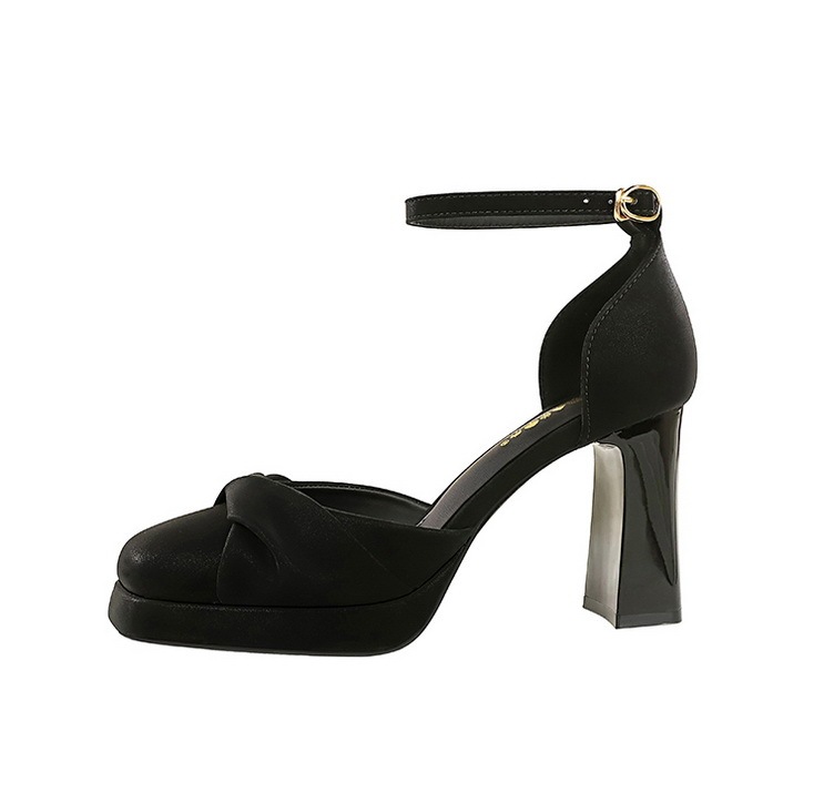 Sandal nữ quai ngang cao gót siêu cao đế xuồng mũi vuông thắt nơ — Màu đen, Màu mơ, Màu trắng