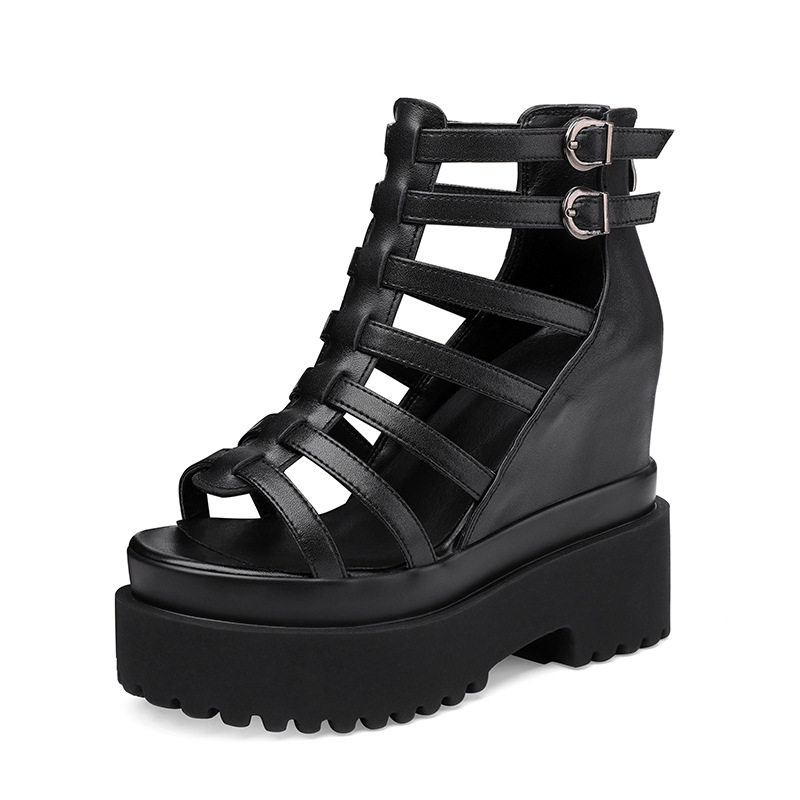 Giày Sandal Cao Gót Nữ Quai Dây Lưới Đế Xuồng Khoét Lỗ Gót Cao 12cm Màu Trắng, Đen