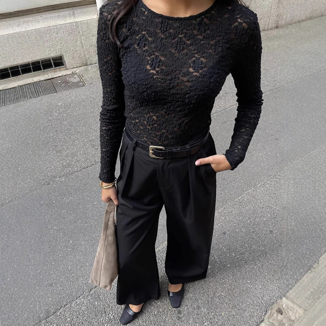 Lace Hollow Out T Shirt Pearl Button Split Hem Fitted Bell Sleeve Casual Wear for Women OEM Available