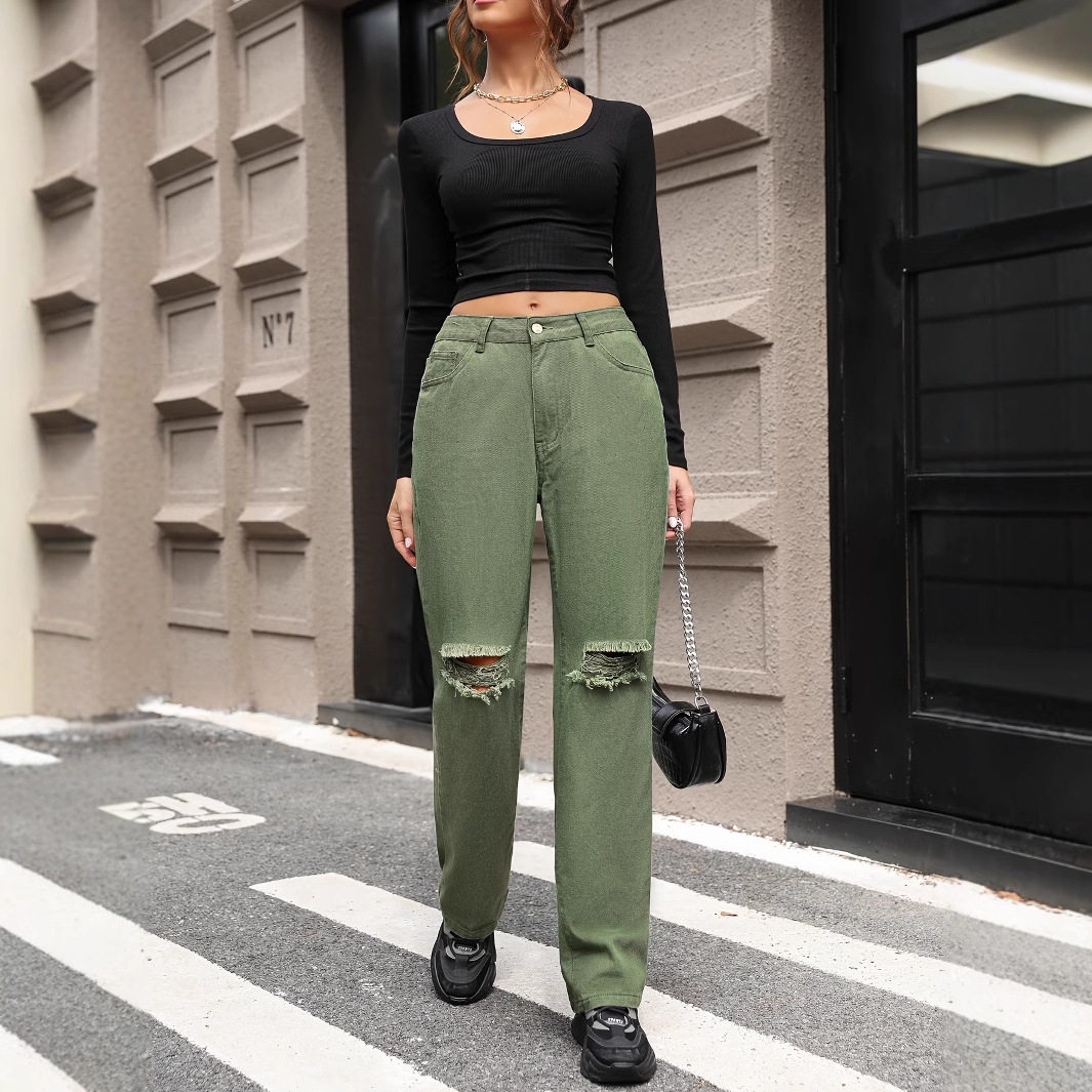 Womens Distressed Wide Leg Straight Jeans Casual Style European and American Fashion Perfect for Everyday Wear
