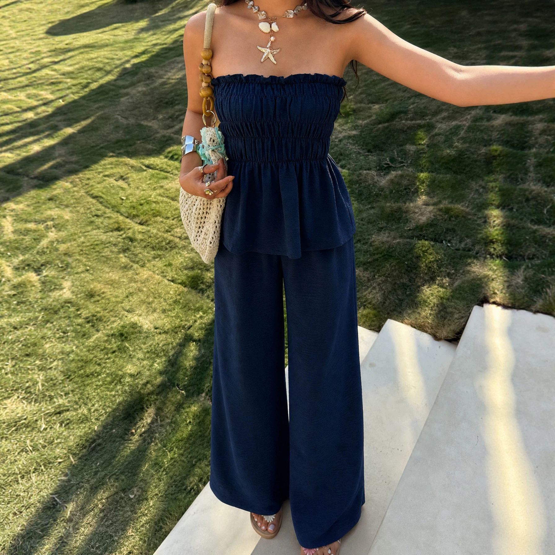 Off Shoulder Crop Top and Wide Leg Pants Set Slim Fit Waist Defining Chic Style Perfect for Summer Events Wholesale