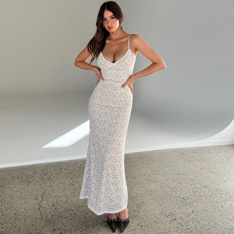 Deep V Neck Lace Bodycon Dress Sexy Slim Fit Solid Color Spaghetti Straps Perfect for Parties and Night Out
