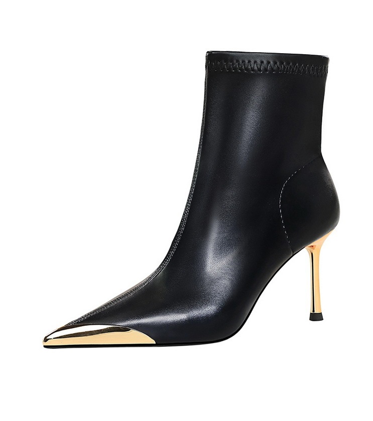 Boot nữ cổ thấp gót nhọn siêu cao mũi nhọn kim loại phối khóa kéo — 319-11 đen 8cm, 319-A11 Cà phê 5cm, 319-A11 đen 5cm, Màu nâu 319-11 8cm