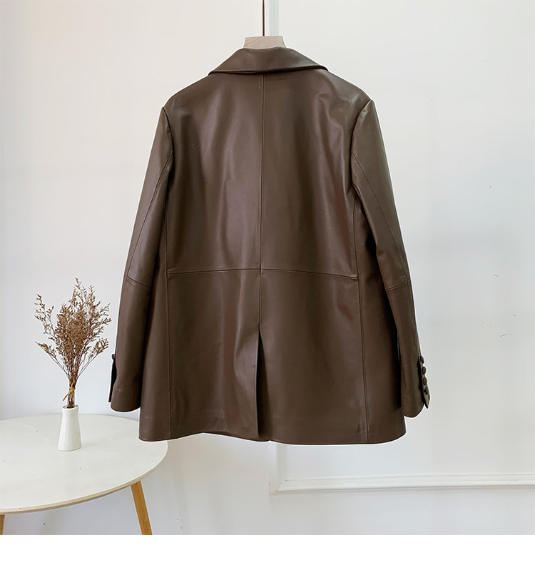 Áo khoác da cừu nữ dáng blazer phối cúc một hàng — Màu cà phê, Màu đen, Màu hồng