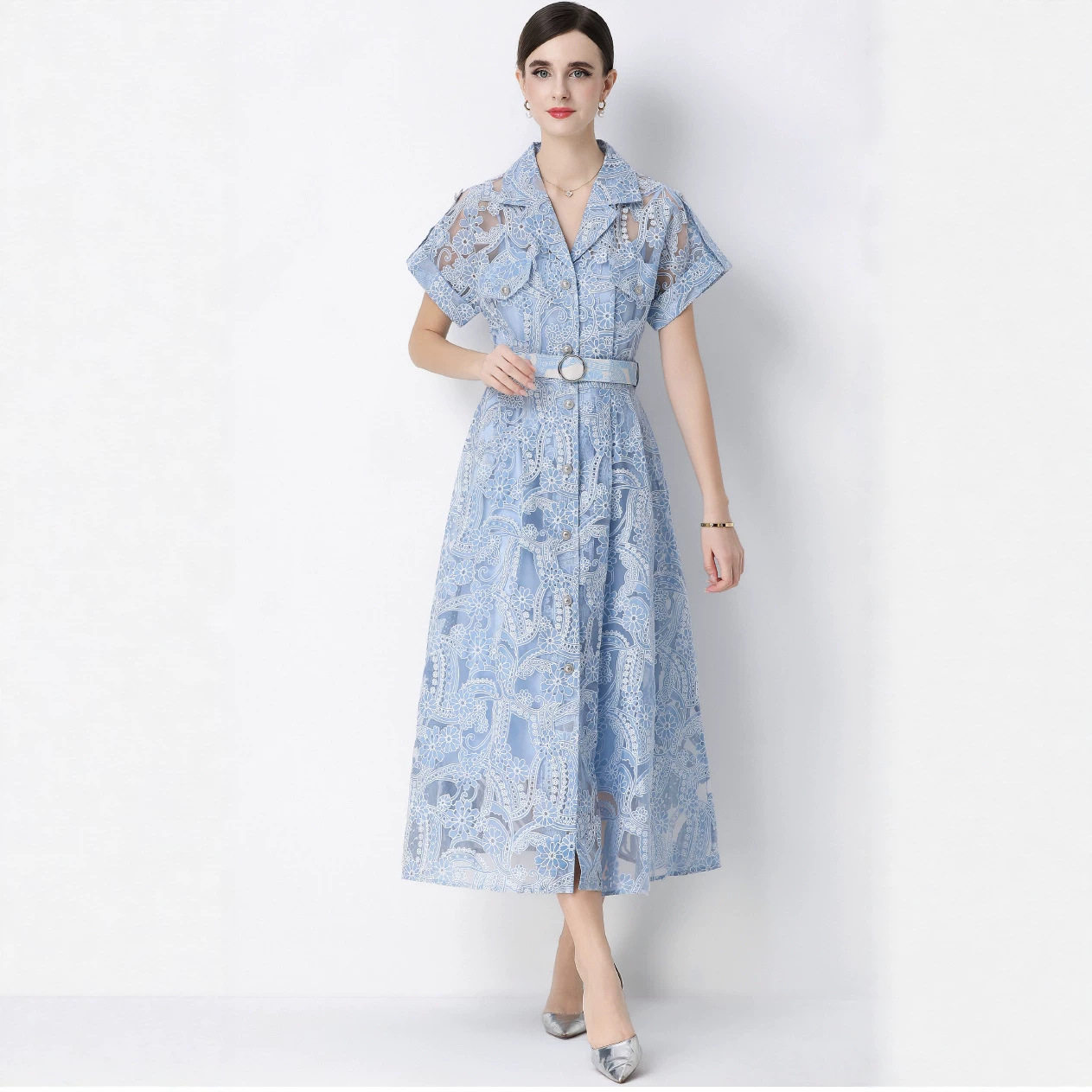 French Style Long Sleeve Dress Lapel Collar Waist Cinching Flared Hem Lace Detailing Spring and Autumn Occasion