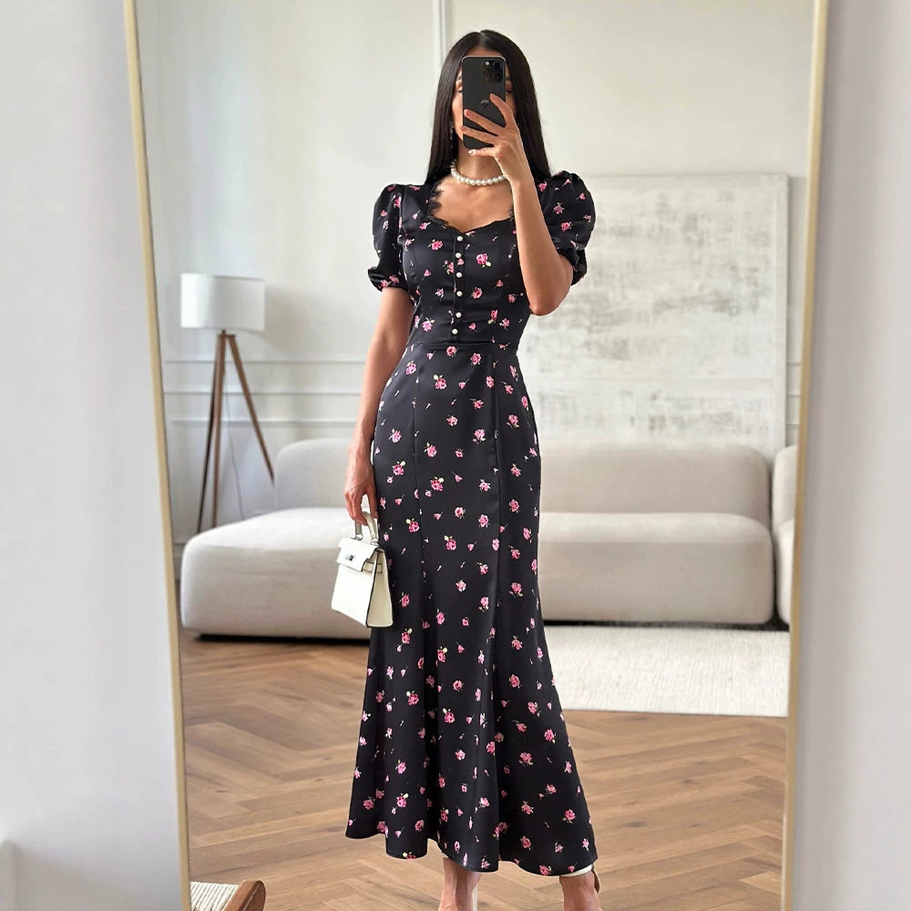 Floral Print Maxi Dress Sweet Lace Trim Puff Sleeves Waist Defined Summer Fashion for Women Wholesale Available