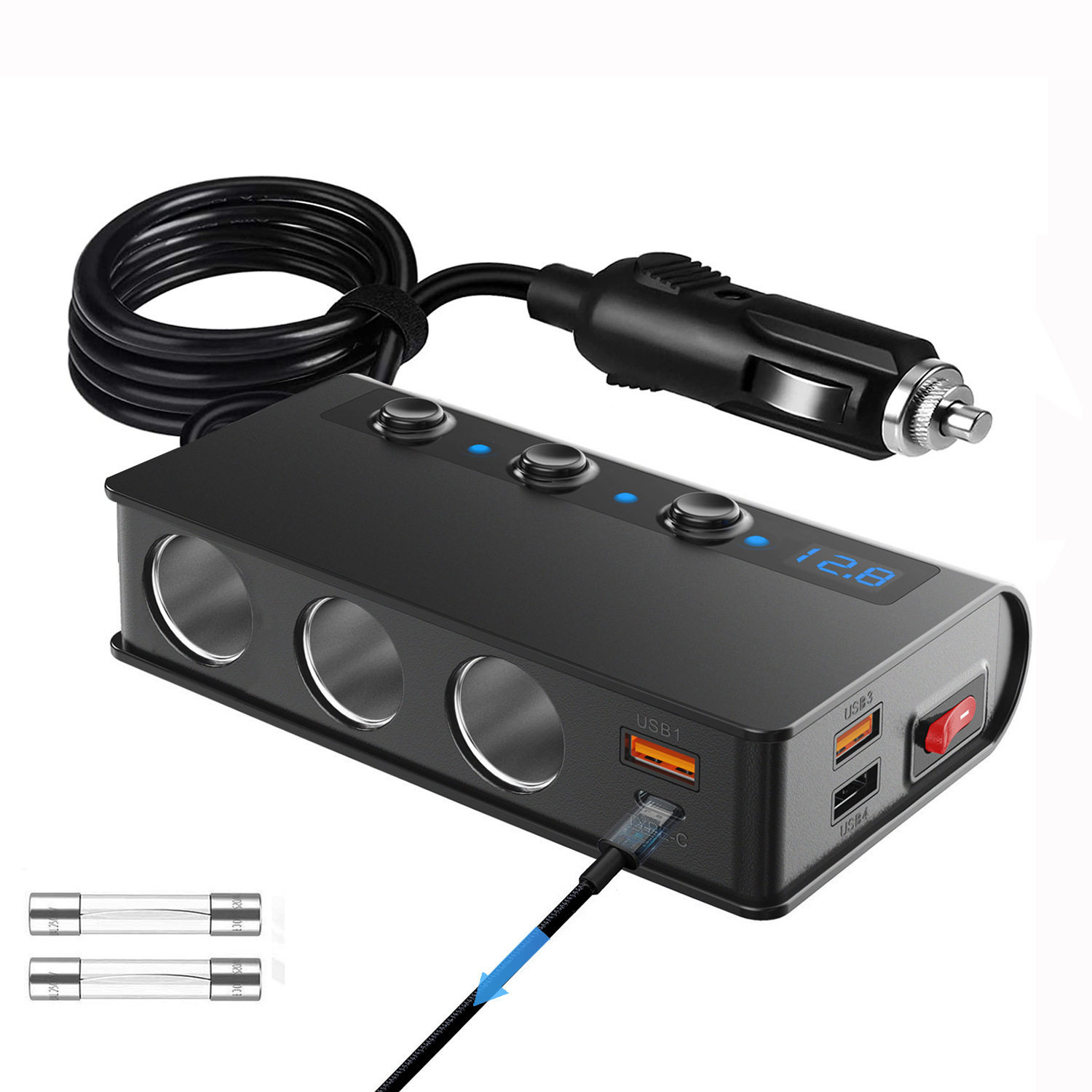 180W high-power car cigarette lighter one for three QC3.0 fast charging PD20W car mobile phone charger with digital display