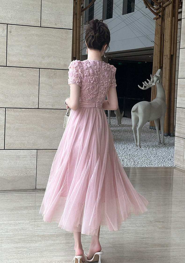 Đầm suông nữ tay ngắn cổ tròn chất liệu lưới voan phối ren nổi 3D — [Hồng], [Mơ] chi tiết 14