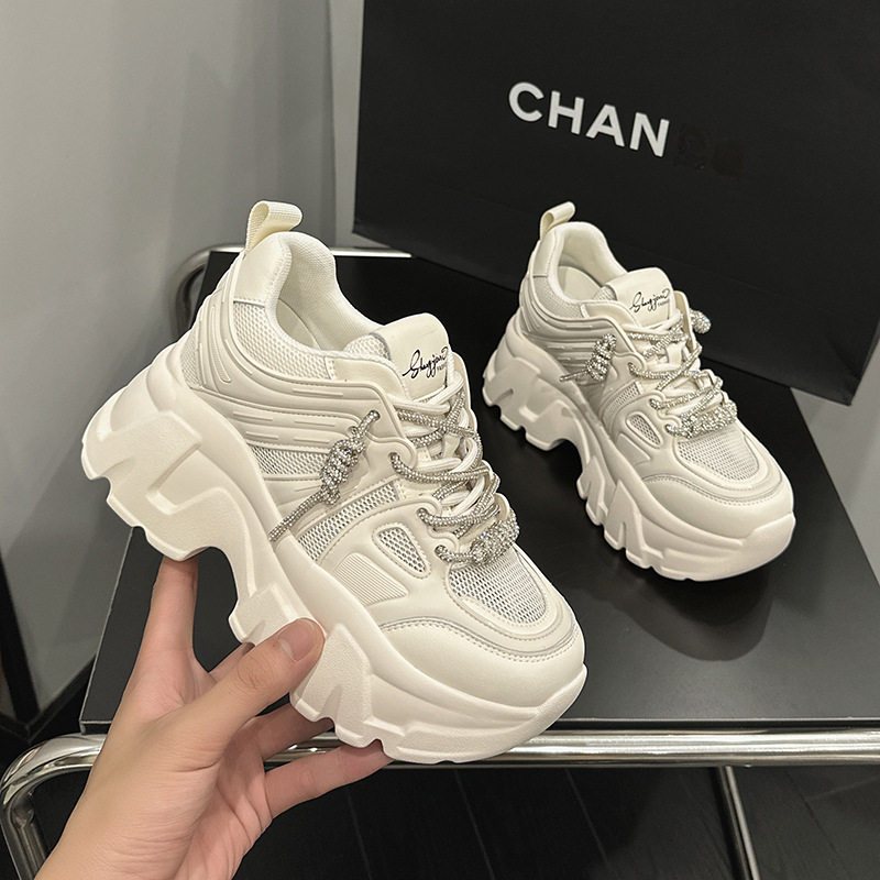 Giày sneaker nữ chạy bộ mesh thoáng khí đế cao 6-8 cm, mũi tròn, dây buộc — Len thuần, Ka ki