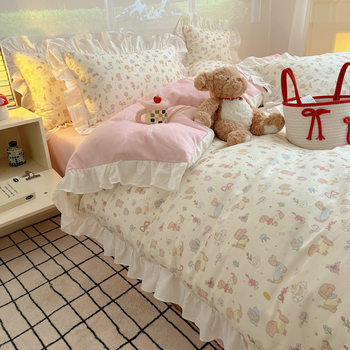 2025 New Princess Style 100 Pure Cotton Bed Skirt Four-Piece Set Internet Celebrity Cotton Quilt Cover Bedspread Bed Cover 1.8 Fitted Bed Sheets 4