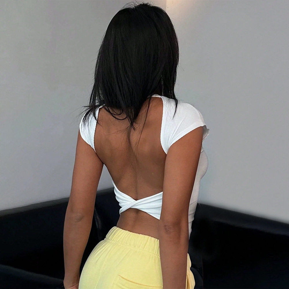 Knit Crop Top Sexy Cross Back Design Slim Fit Trendy Style Perfect for Spring Summer Occasions Wholesale Available