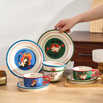 Cartoon Cat Cute Ceramic Tableware suit Household Rice Bowl Soup Plate High Color Value Coffee Cup One Cup One Plate