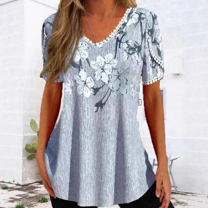 Womens Summer V Neck Floral Print Top Short Sleeve Lace Trim Comfortable Casual Style Wholesale Available