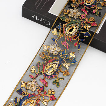 10cm organza black background ethnic style lace accessories multi-color embroidery bar code golden strand sequin embroidery ribbon