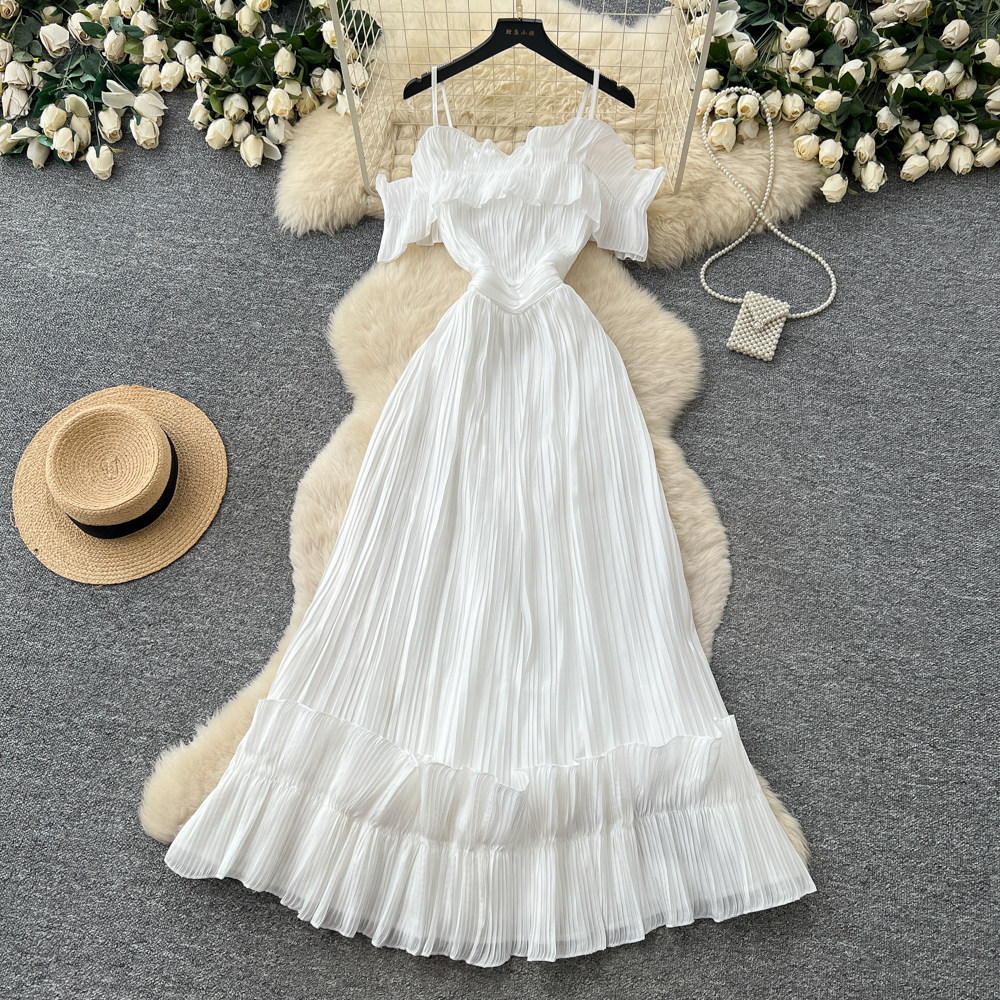 Off Shoulder Summer Dress French Style Sweetheart Neckline Waist Defined Flowy Maxi Ideal for Vacations and Special