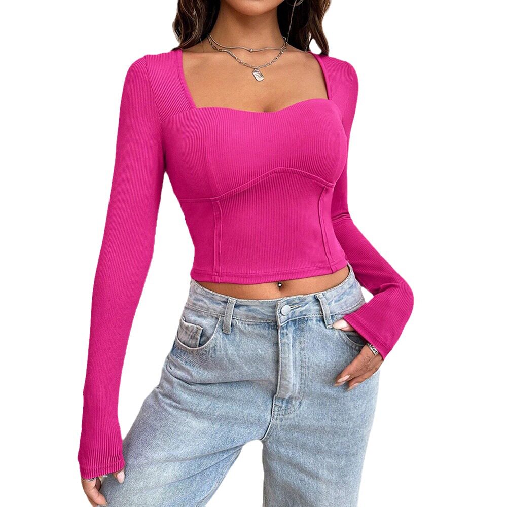 Womens Slim Fit Long Sleeve T Shirt Fashionable Versatile Short Length Barbie Pink Spring Summer Collection