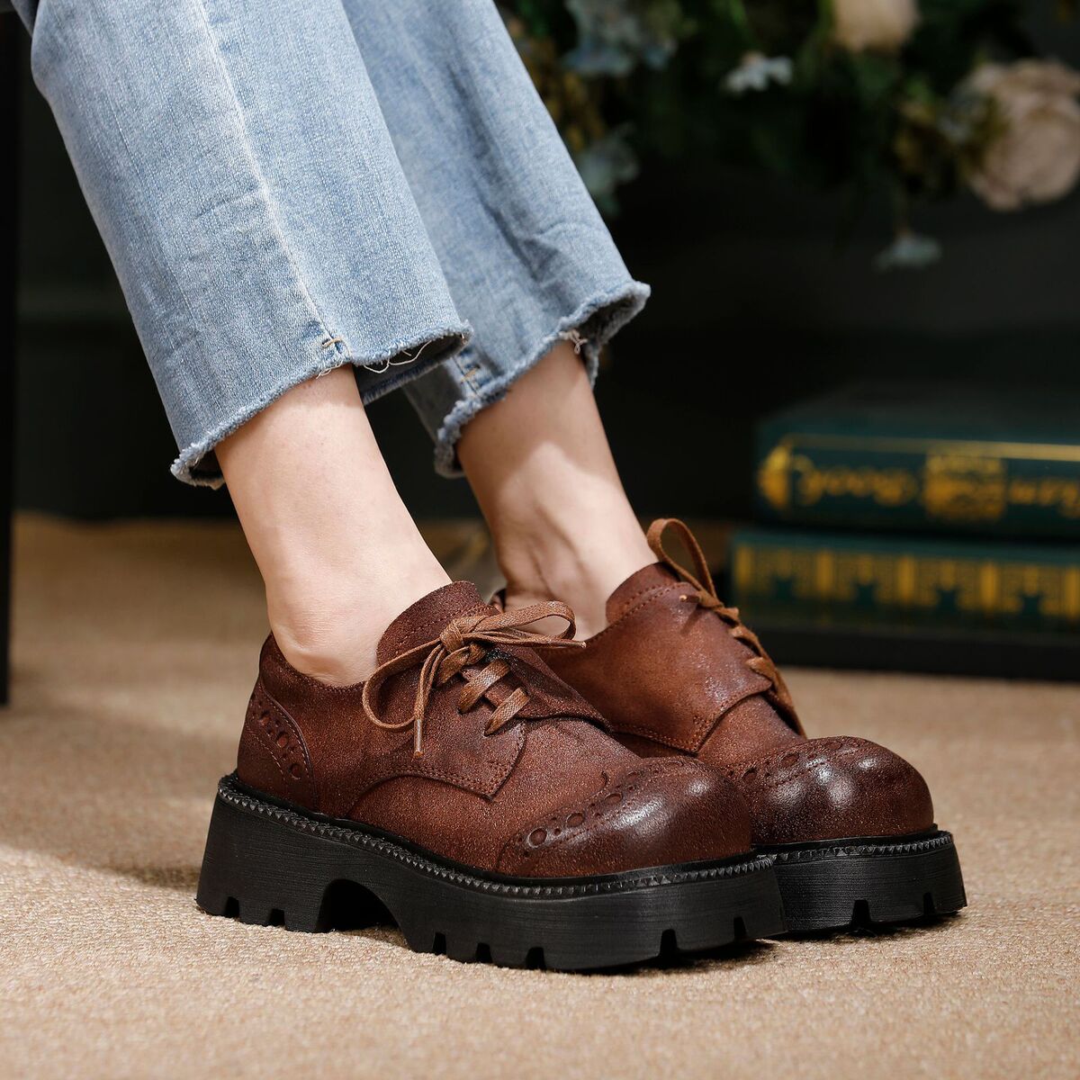 Giày boot nữ cổ thấp da bò thật thủ công mũi tròn gót vuông — Màu cà phê, màu đen