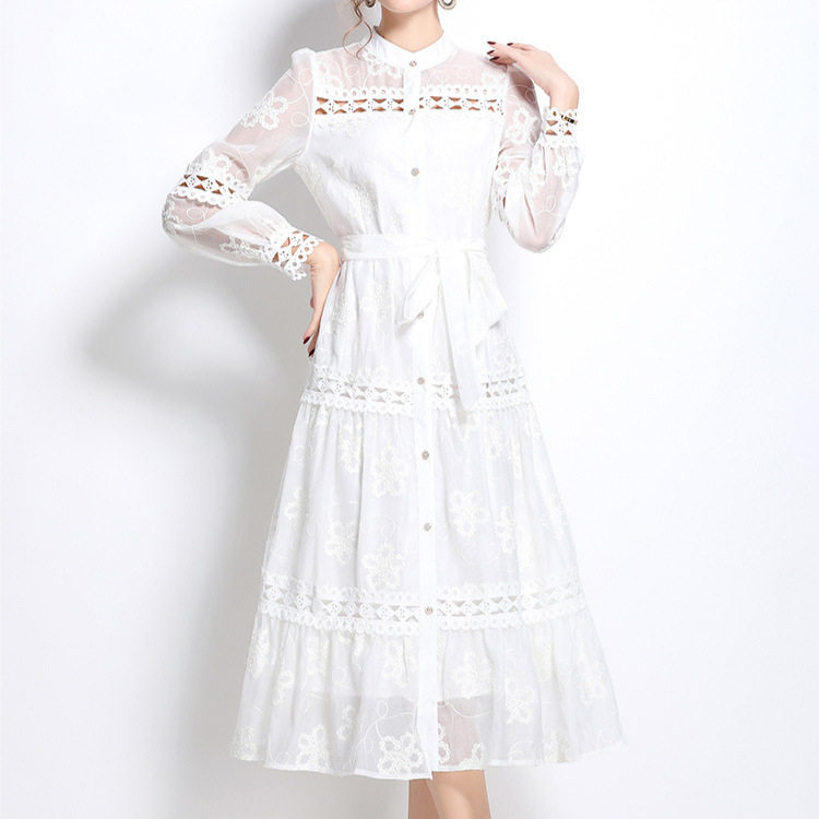 Elegant French Lace Trimmed Long Dress High End Embroidery Lantern Sleeves Autumn Fashion Wholesale Available