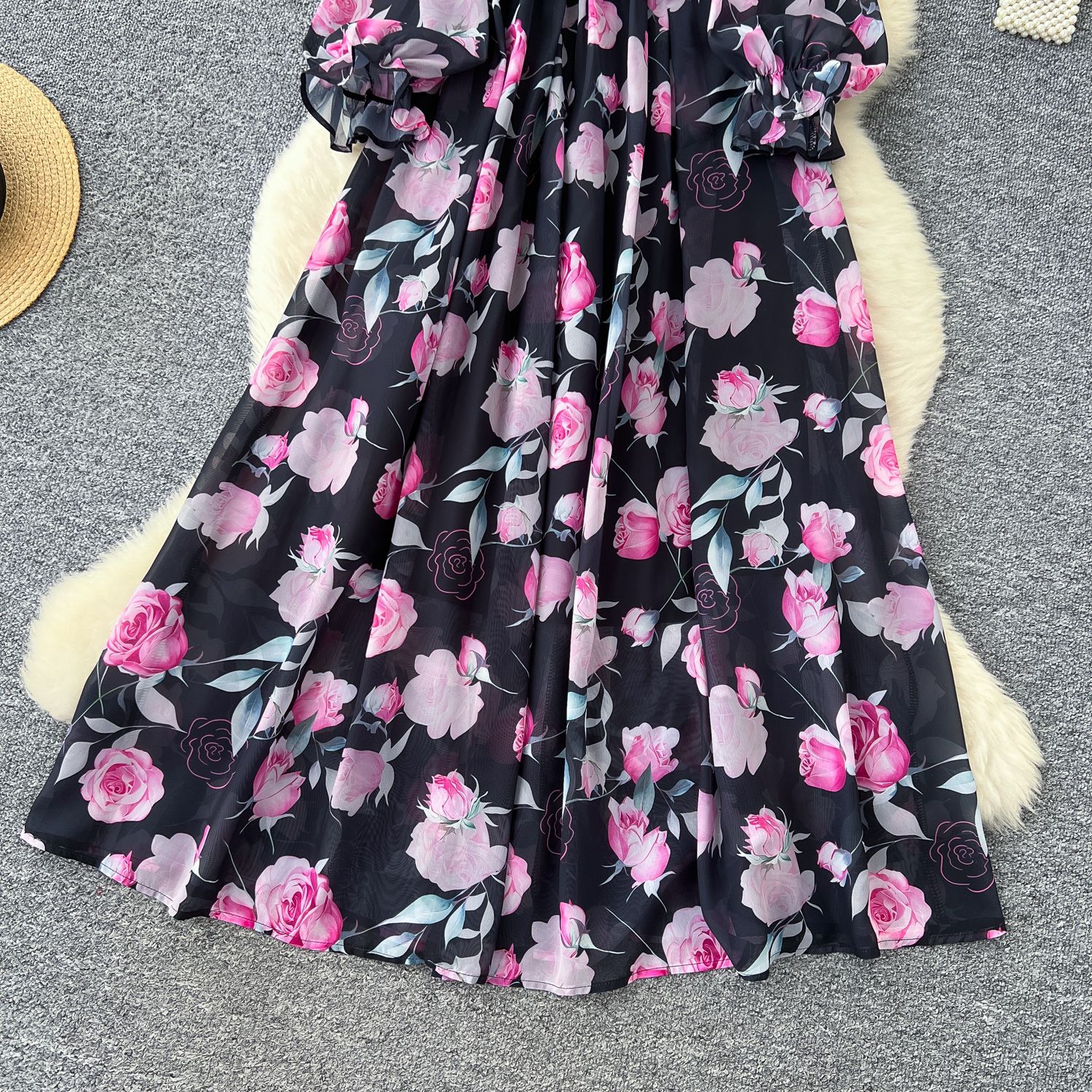 Elegant French Style Maxi Dress for Women High End Waist Defining Floral Print Lightweight Chiffon Perfect for