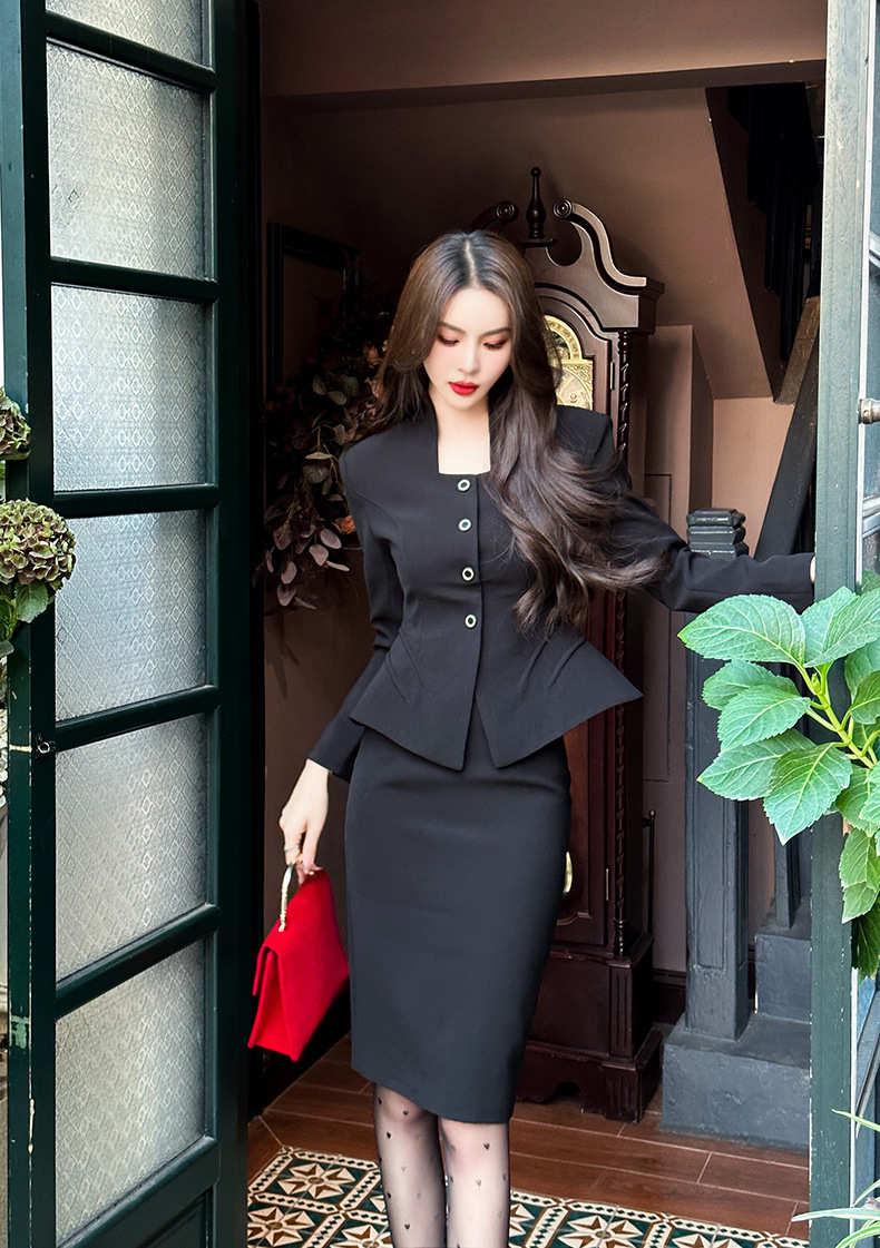 Đầm công sở nữ dáng Hepburn phong cách Pháp, bộ hai chiếc dài tay thanh lịch — Màu đen