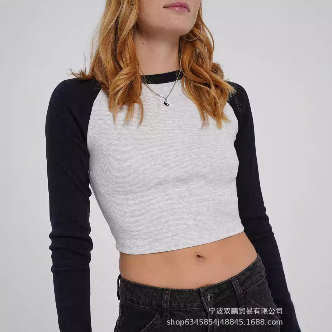 Long Sleeve Cropped T Shirt Slim Fit Color Block Raglan Sleeve Knit Fabric Casual Wear for Autumn and Winter