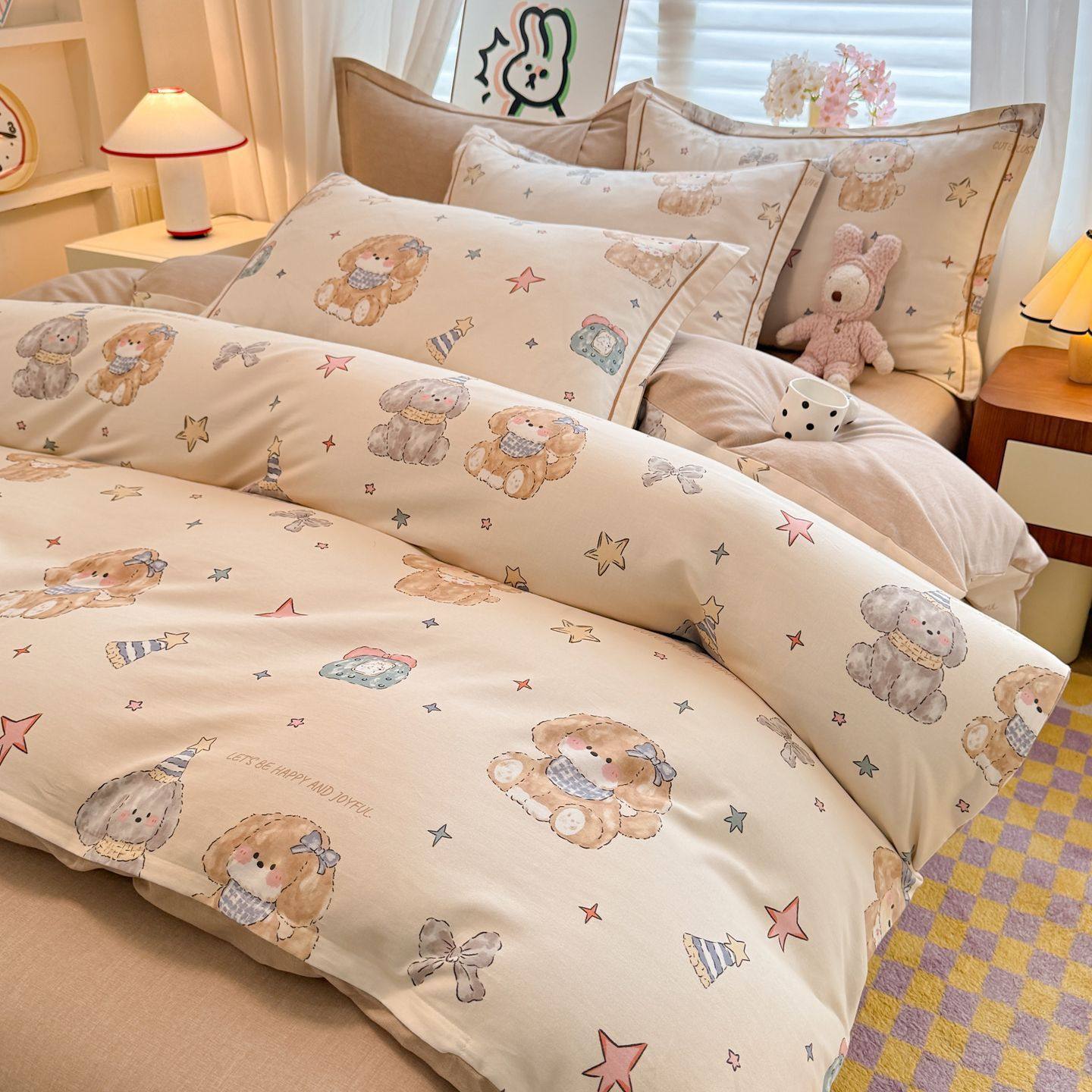Autumn and Winter Thickeneded Pure Cotton Brushed Bed Bed Sheets Set, Cotton Quilt Cover, Fitted Bed Sheets, Three-Piece Set, Kidsren's Cartoon Bedding