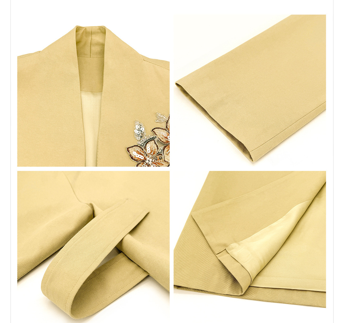 Áo khoác nữ dáng rộng thắt eo dây buộc, cổ V thêu đính hạt cao cấp — Hồng vàng (giao hàng 7 ngày)