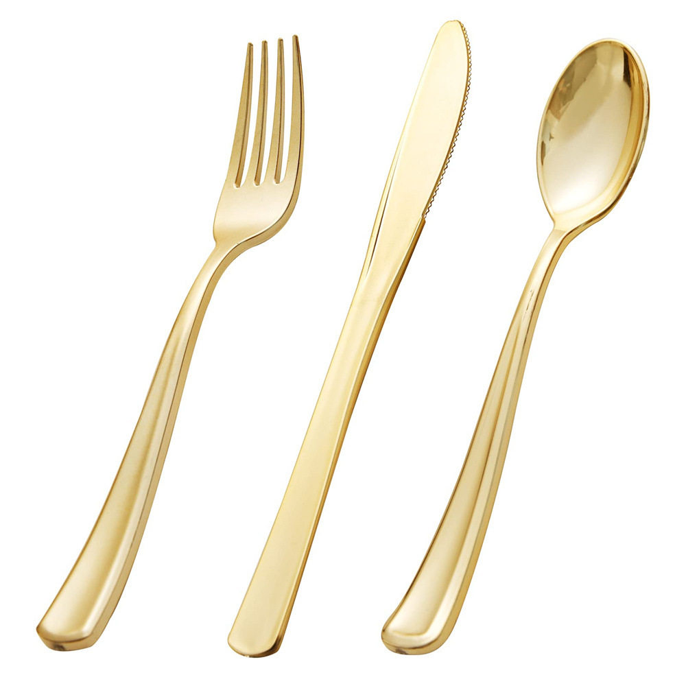 Amazon cross-border PS plastic UV plating golden disposable knife and fork spoon birthday wedding cross-border party tableware
