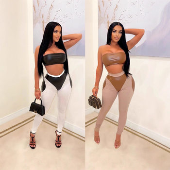 Independent Station Foreign Trade 2025 New European and American Sexy Color Matching Two-Piece Set Tube Top Pu Leather Pants Tight Suit for Women