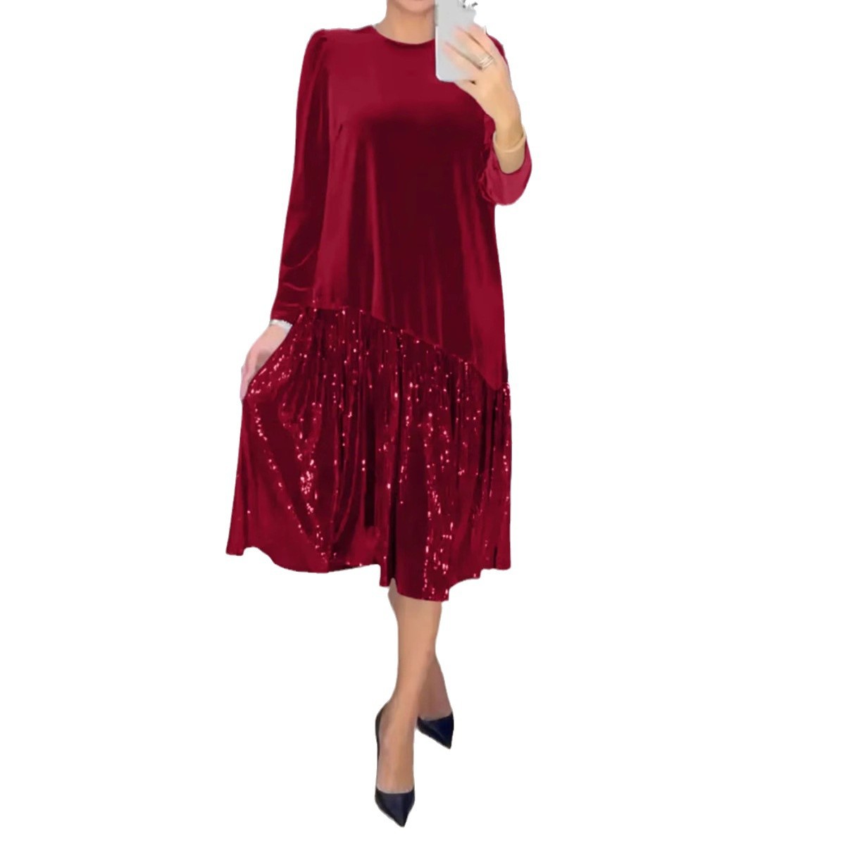 Long Sleeve Sequin Hem Dress Solid Color Round Neck Casual Style Perfect for Winter Events Wholesale Available