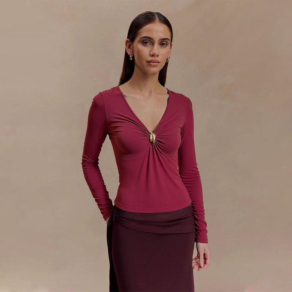 V Neck Slim Fit T Shirt Burgundy Color Soft Fabric Spring Summer Style Perfect for Casual Wear Wholesale Available