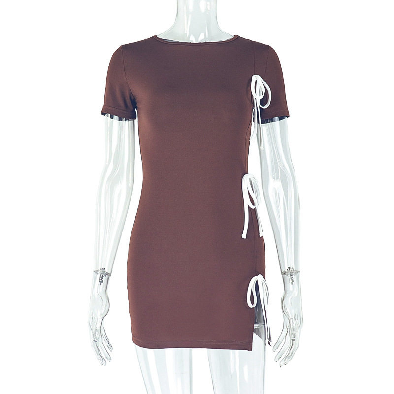 Fashionable Womens Bodycon Dress Ruffled Design Tie Waist High Neck Short Length Split Hem Perfect for Parties