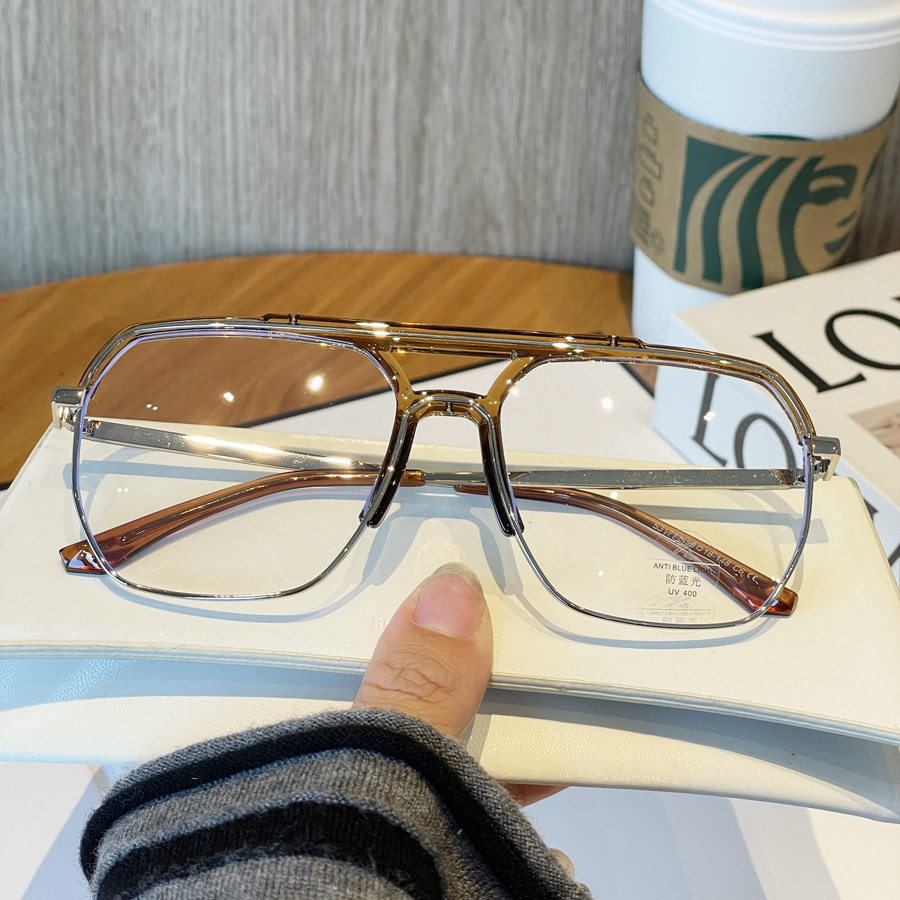 European and American Large Frame Double Beam Anti-Blue Glasses Ins Trendy Flat Glasses Frame Metal Plain Style Glasses Frame for Men and Women