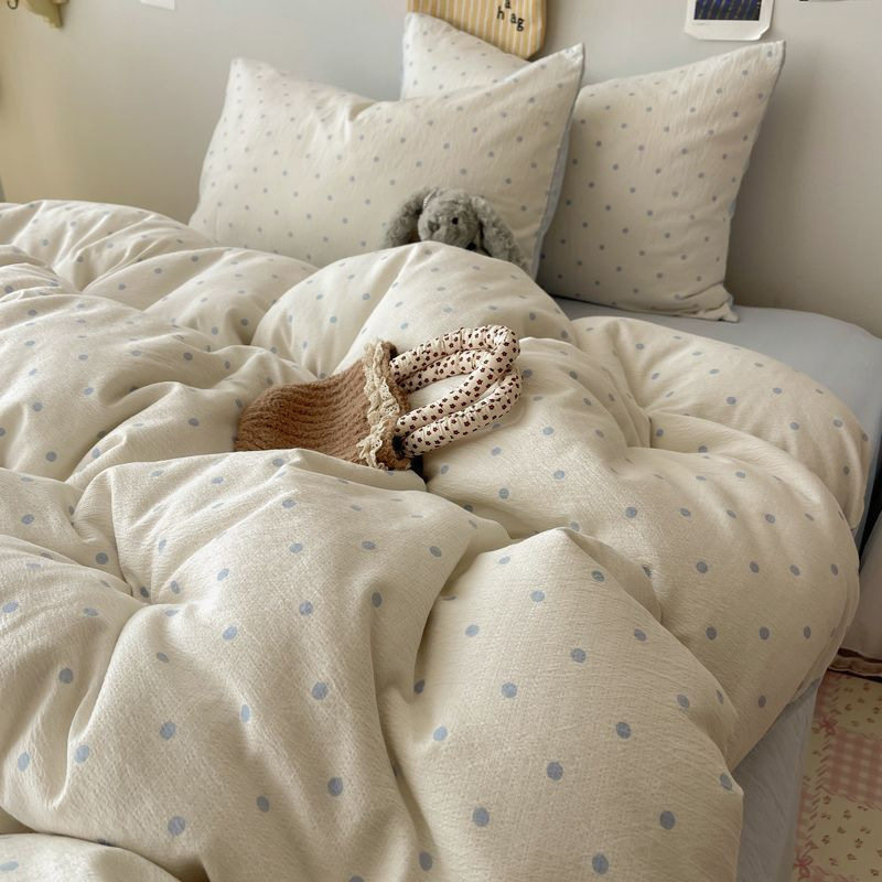 Milk Blue Polka Dot Type a Cloud-Like Double-Layer Yarn Bedding Four-Piece Set Quilt Cover Bed Sheetss Student Dormitory Three-Piece Set