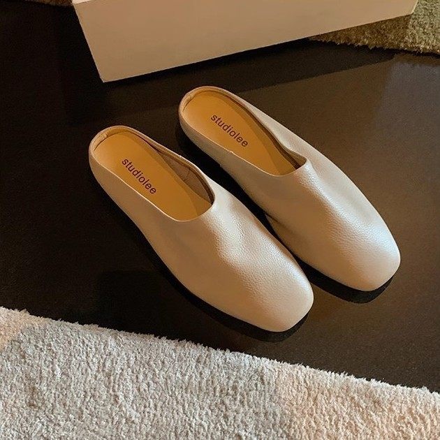 Grape Mom's Same Style Baotou Slip-On Soft Leather Comfortable Mule Half Slippers for Women 2025 Spring and Summer New Style