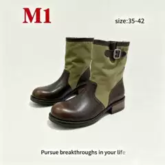 Western-Style Boots Similar to Those Worn by Ma Sichun~ 4cm Height-Increasing Fashionable Buckle Strap Round-Toe Patchwork Riding Long Boots for Women, Stacked Short Boots
