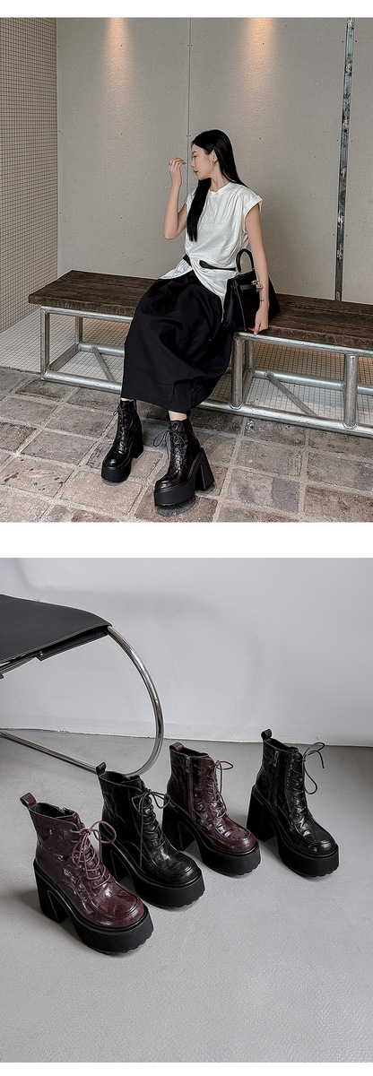 Boot Martin nữ da cừu thắt dây gót cao 11.5cm đế dày — Da đen, da màu nâu, Lớp lót nhung đen, Nhung nâu