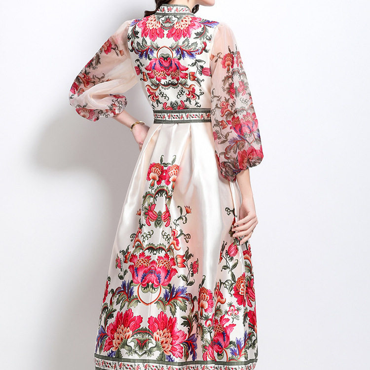 Vintage Inspired V Neck Lantern Sleeve Dress Crossed Waist Tie Sheer Fabric Floral Print Flared Hem Elegant Evening