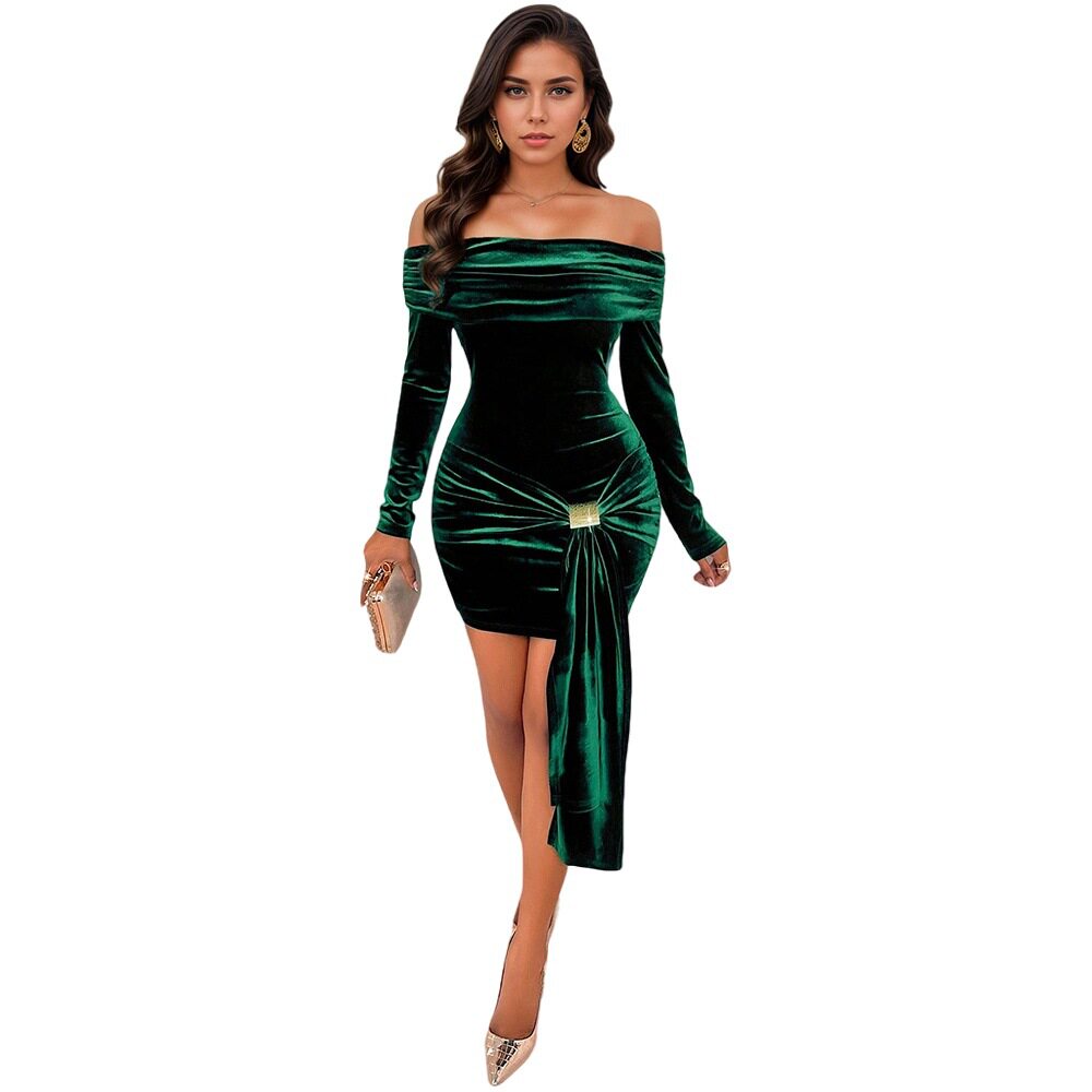 Off Shoulder Velvet Dress Slim Fit Ruched Design Bodycon Style Spring Summer Evening Wear Wholesale Available