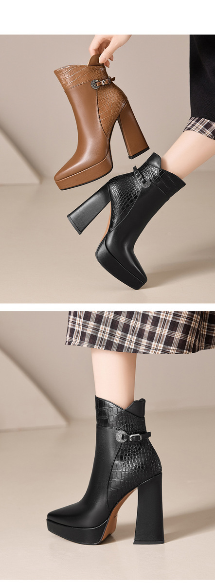 Boot nữ cổ thấp da bò mũi nhọn gót nhọn siêu cao phối khóa kéo bên — màu đen, nâu