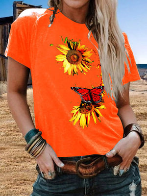 Plus Size Womens Short Sleeve T Shirt Sunflower Butterfly Print Casual Round Neck Top Wholesale Available