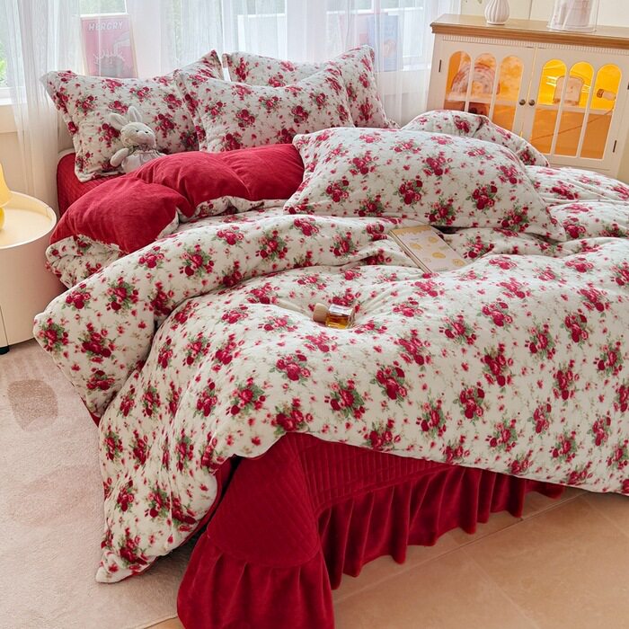 New Milk Velvet Thickeneded Bed Cover Four-Piece Set Winter Coral Velvet Small Floral Quilt Cover Fleece-Lined Bed Bed Sheets Three-Piece Set