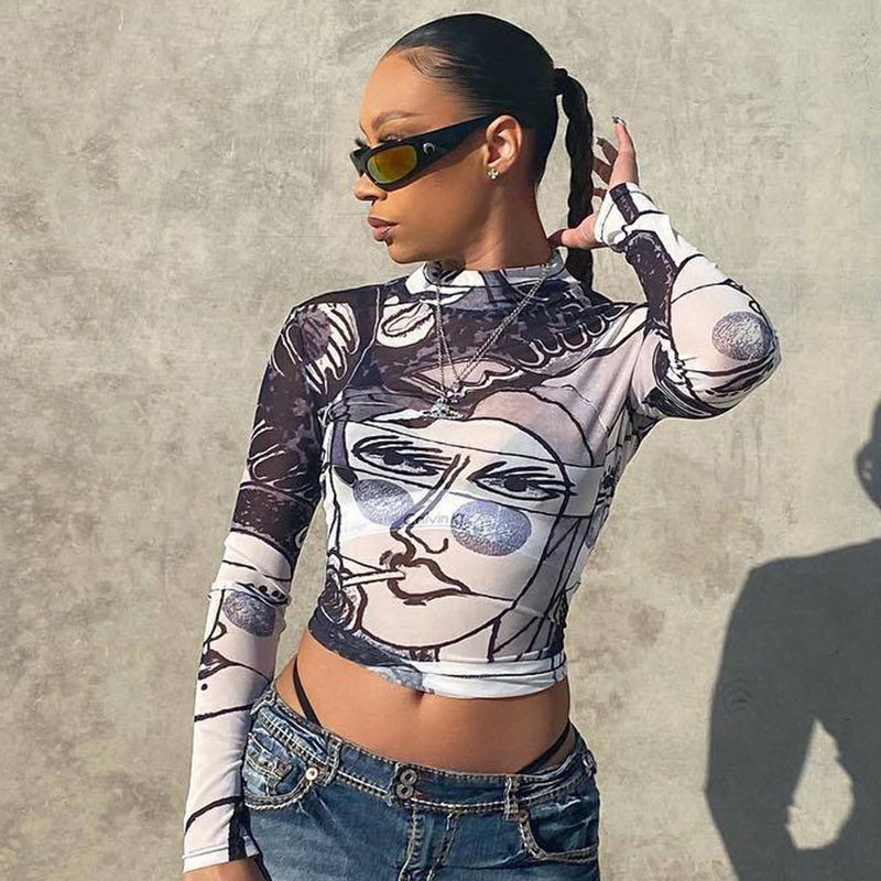 Womens High Waisted Cropped T Shirt Sexy Sheer Mesh Round Neck Long Sleeve Face Print Casual Wear Wholesale