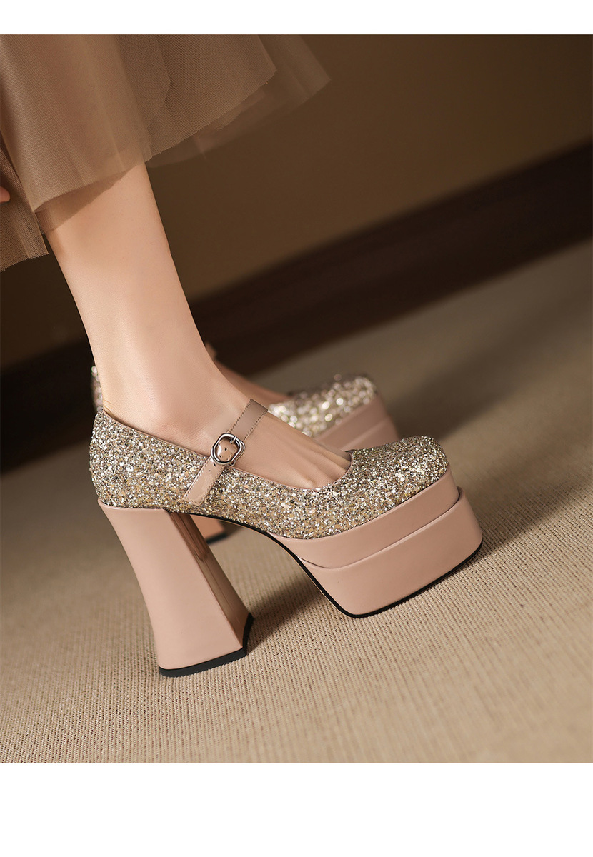 Giày cao gót mũi vuông đính sequin quai ngang đế xuồng — Màu đen, Màu sâm panh