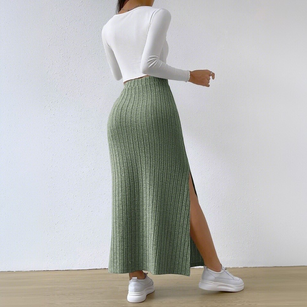 Elegant High Waisted Midi Skirt Simple Design Side Slit Slim Fit Spring Summer Womens Fashion Wholesale Available