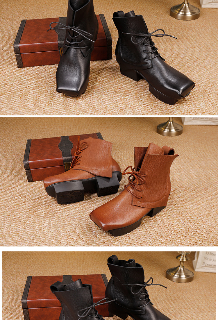 Boot nữ cổ thấp gót vuông da bò thật buộc dây phong cách cổ điển — màu đen, màu nâu