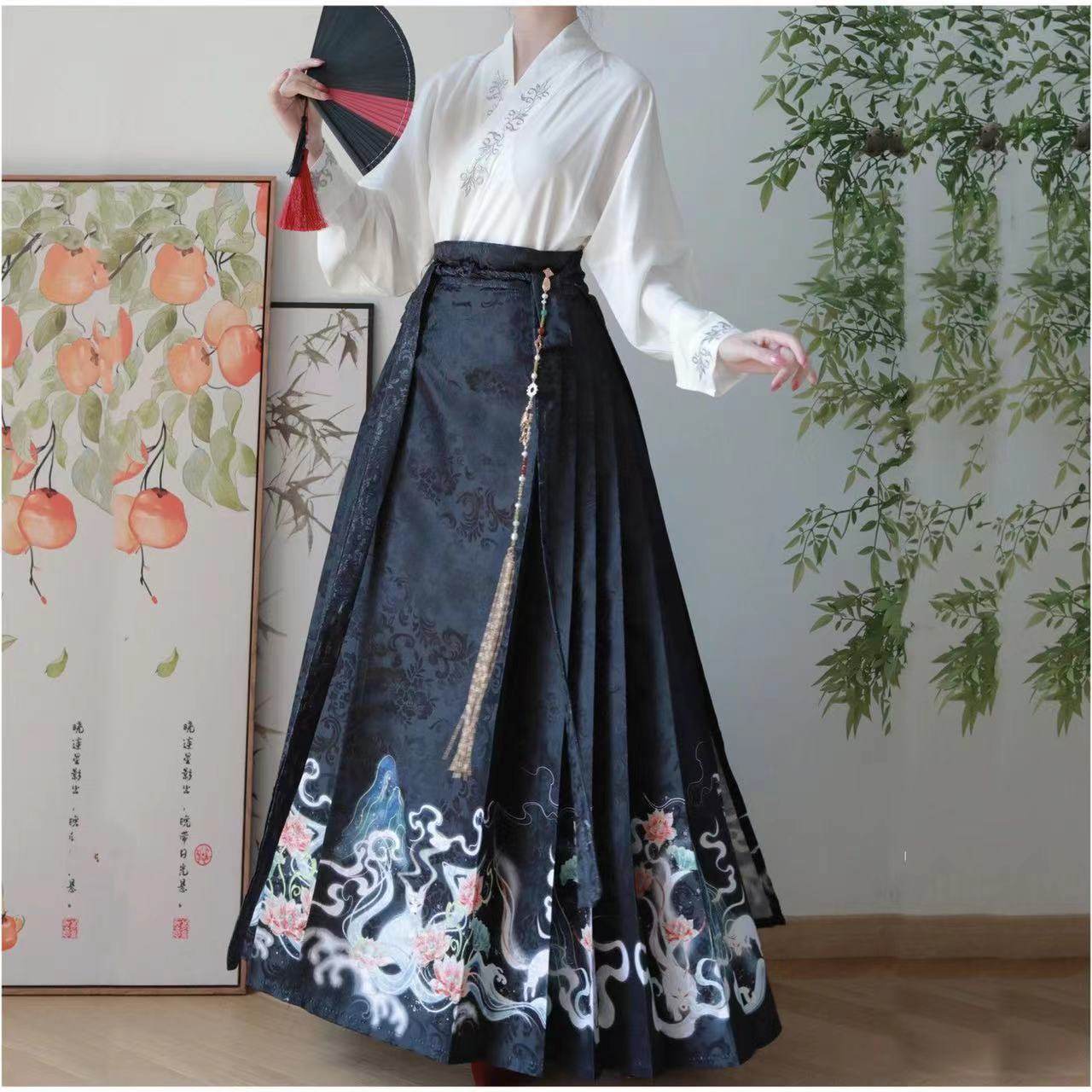 2023 Hanfu Pleated Skirt for Adults, Modified Mamian Skirt, National Style Half Skirt Women's Set, New Chinese Style National Trend