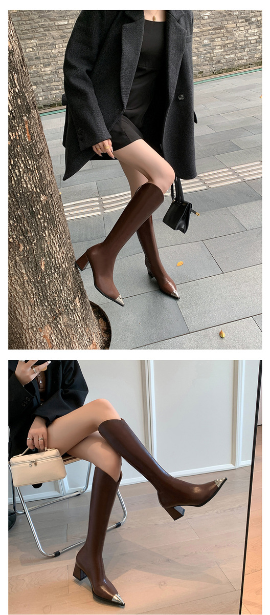 Boot nữ cổ cao mũi nhọn da bò gót thô phong cách kỵ sĩ — Màu be lót nhung bên trong, Màu be một lớp lót trong, Màu đen lót một lớp, Màu đen lót nhung