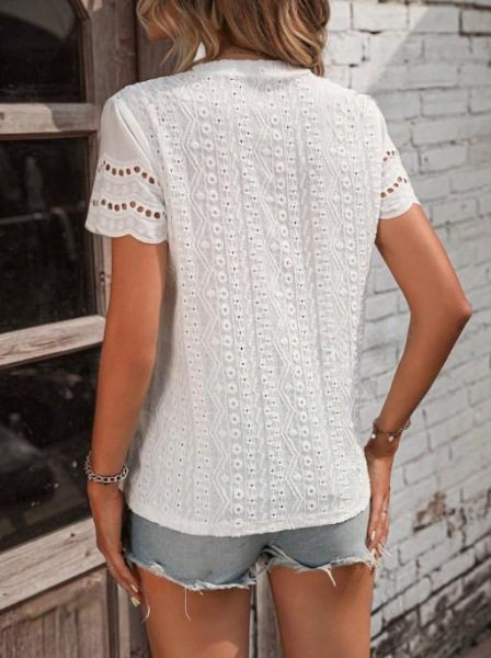 Casual Short Sleeve V Neck Shirt Summer Ready Solid Color Pleated Design Embroidered Details Wholesale Available