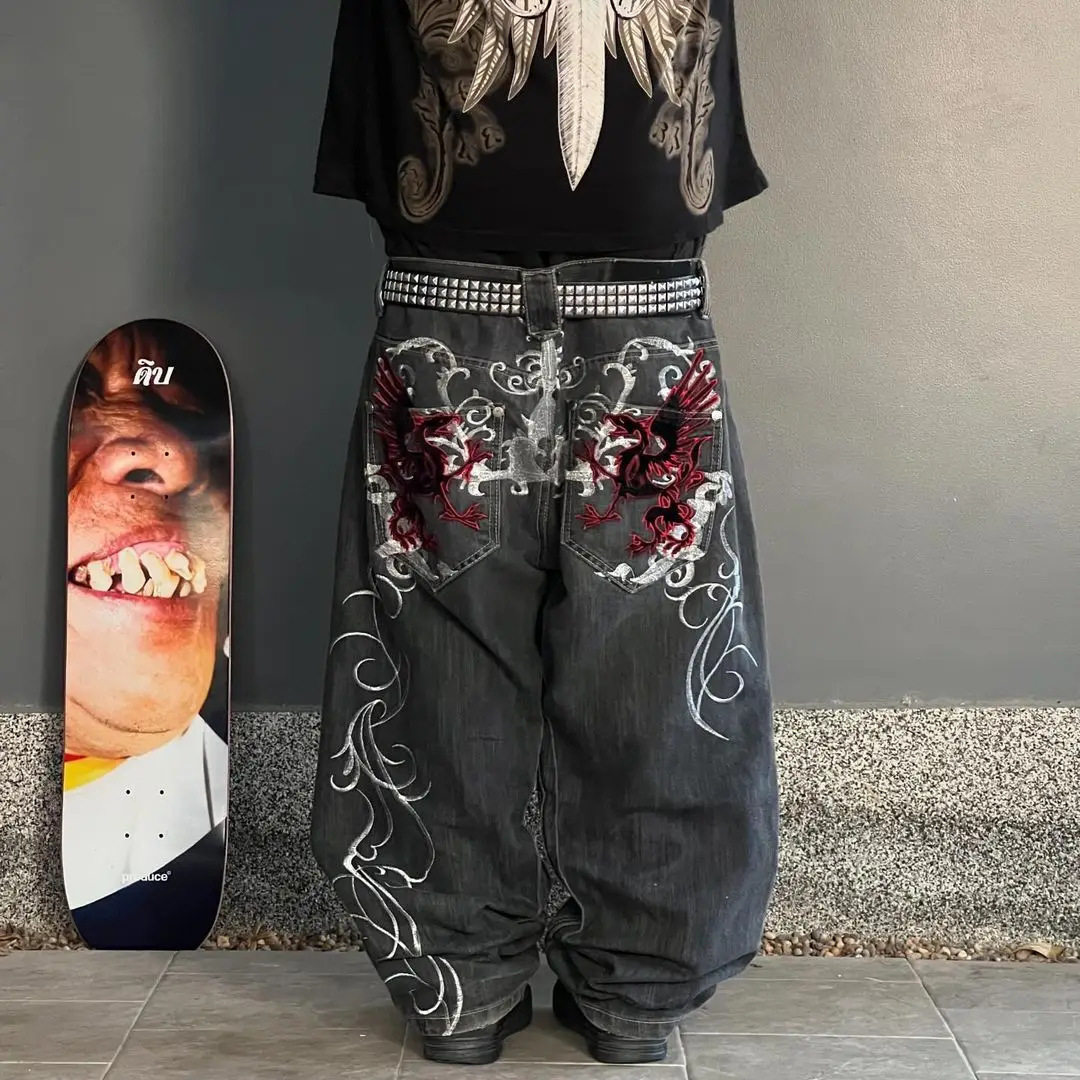 Cross-border spring and autumn European and American trend street dark Gothic skull print jeans loose personality wide-leg trousers